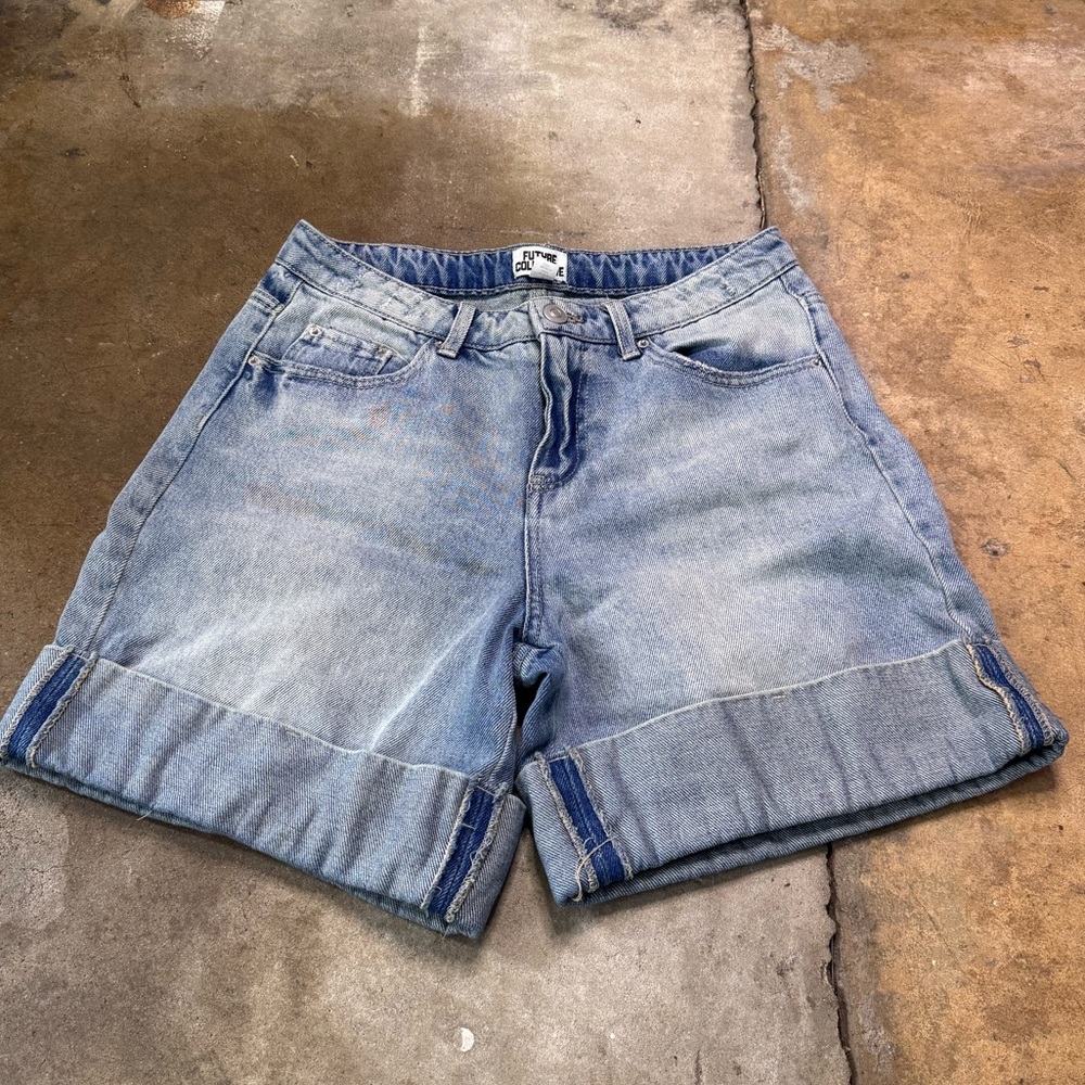 High Rise Wide Leg Light Blue Denim Jumbo-Cuff Shorts